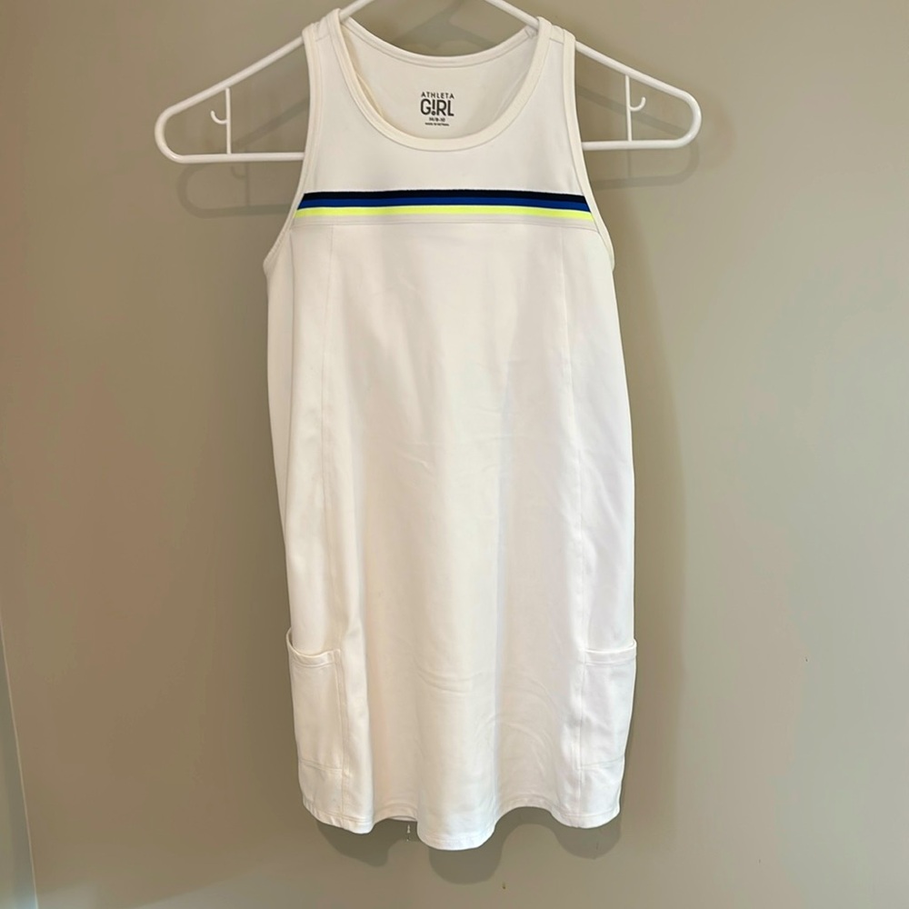Athleta Girl white tennis dress w/navy blue yellow strip; M/8-10; never worn